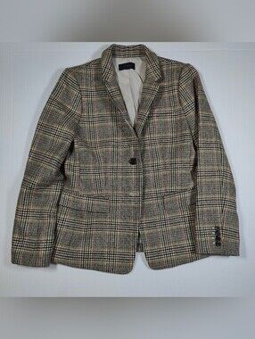 J.Crew Women Beige Plaid 100% Wool Blazer Size L Black Yellow Check